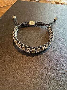 Braided Silver-Tone Chain Bracelet with Black Cord